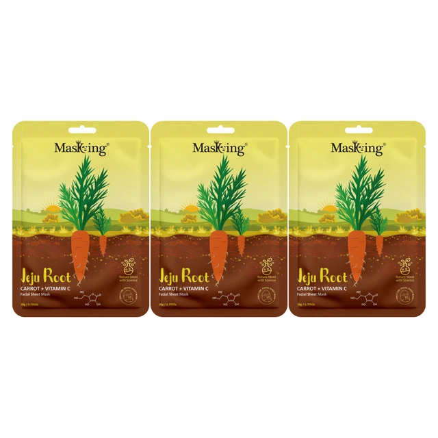 MasKing Jeju Root Facial Sheet Mask Carrot + Vitamin C , Face Serum Mask, 20Ml each, Combo Pack Of 3