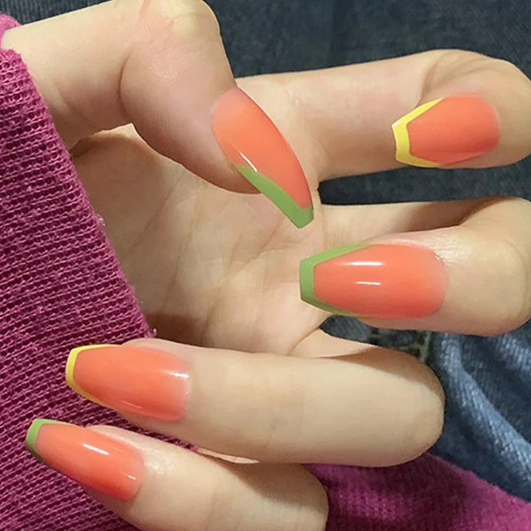 Secret Lives artifical fake acrylic press on nails false nails extension light orange color with yellow and green tips 24 pieces set with glue sheet stickers