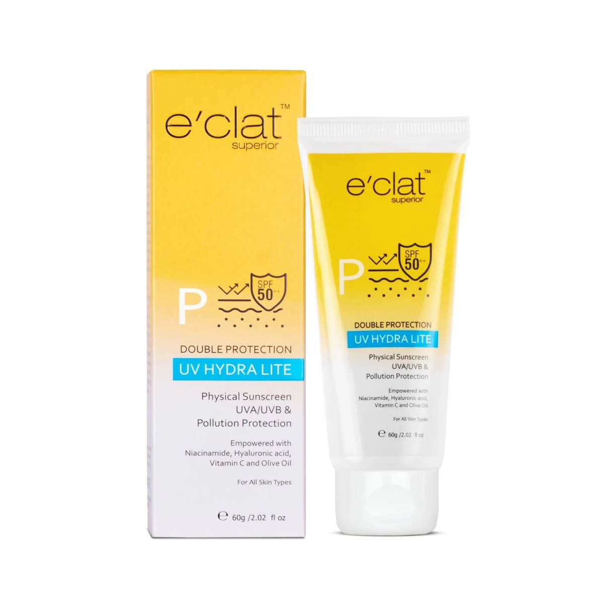 e'clat Superior UV Hydra Lite Physical Sunscreen, SPF 50+ I Infused with Hyaluronic acid, Niacinamide & Vitamin C I For Dry and Sensitive Skin I 60gm.