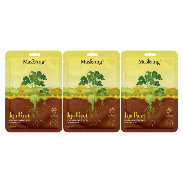 MasKing Jeju Root Facial Sheet Mask Kohlrabi + Kojic , Face Serum Mask, 20Ml each, Combo Pack Of 3