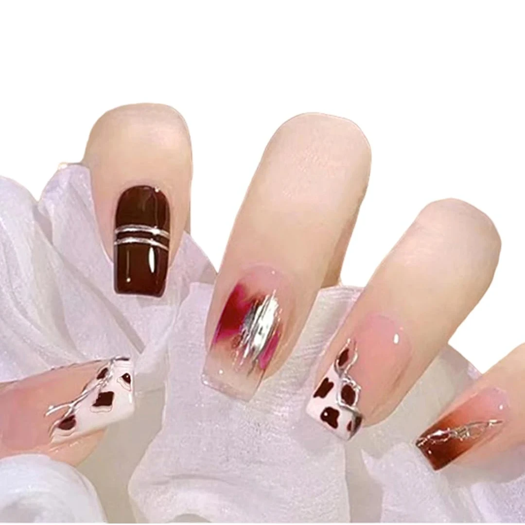 Secret Lives fake artifical acrylic press on nails transparent false extension with brown patches and silver color lines 24 pieces set with glue sheet stickers