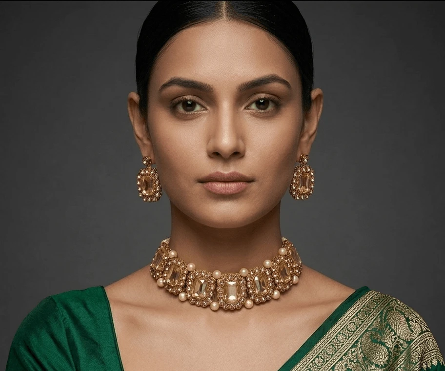 Gold Plated Golden Stone Choker Necklace Set with Earrings for Party Wear