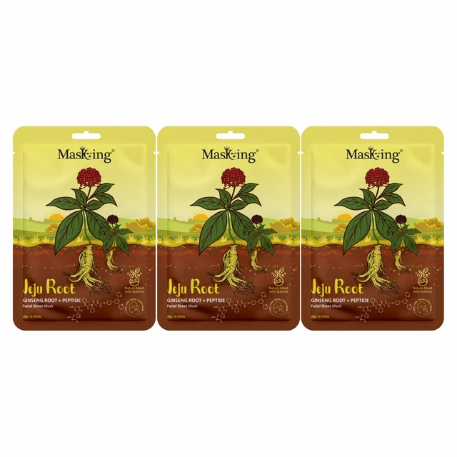 MasKing Jeju Root Facial Sheet Mask Ginseng Root + Peptide , Face Serum Mask, 20Ml each, Combo Pack Of 3