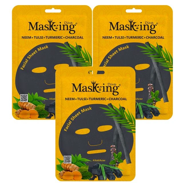 MasKing Diva Neem, Tulsi, Turmeric & Charcoal Facial Sheet Mask Pack Of 3