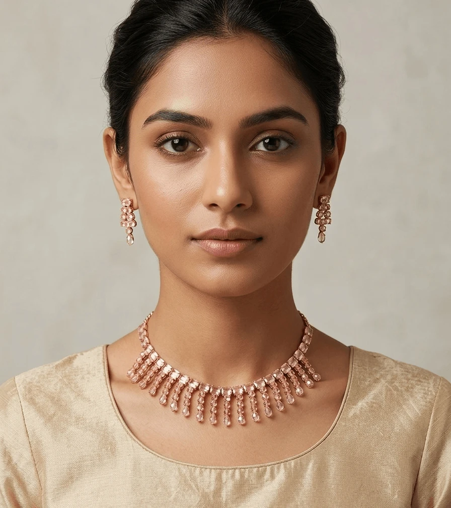 Stylish Rose Gold Champagne Stone Necklace Set | Modern Party Wear Jewellery