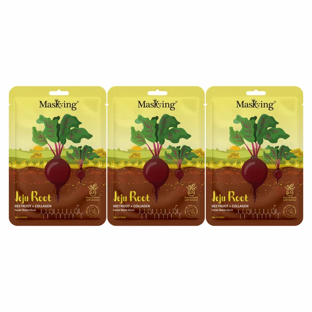 MasKing Jeju Root Facial Sheet Mask Beetroot + Collagen, Face Serum Mask, 20Ml each, Combo Pack Of 3