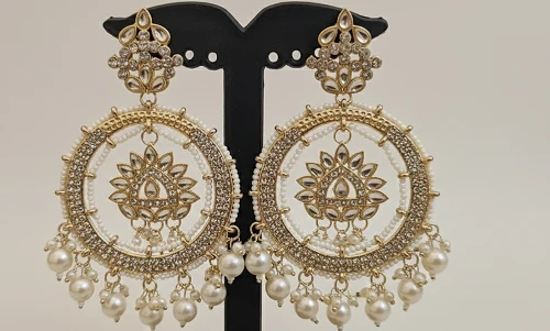 Pearl Gold Plated Floral Hoop Earrings - Wedding Ethnic