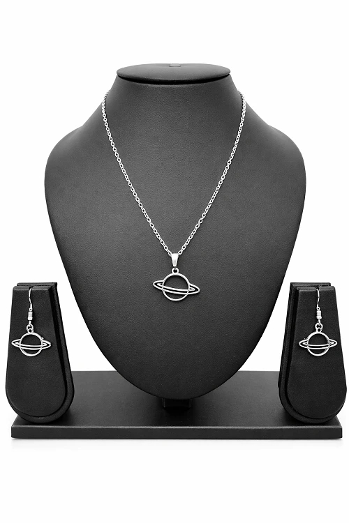 Modern Silver Saturn Planet Necklace Set – Unique Love Gift for Women