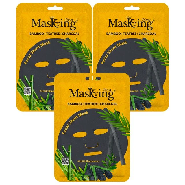 MasKing Diva Bamboo, Tea-tree & Charcoal facial Sheet Mask Pack Of 3