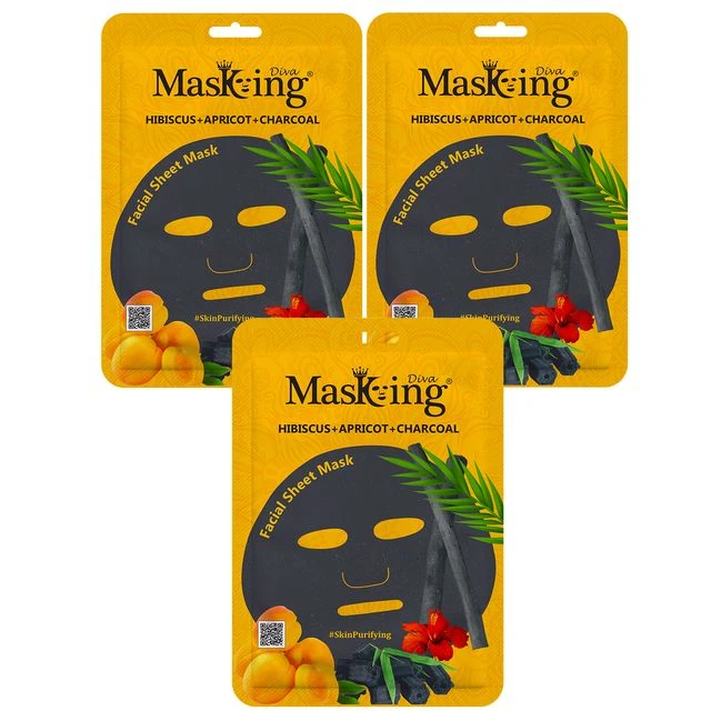 MasKing Diva Hibiscus, Apricot & Charcoal Facial Sheet Mask Pack Of 3