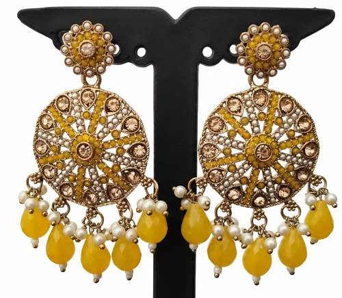 Yellow Beads Gold Plated Mandala Earrings - Festive Party Wear