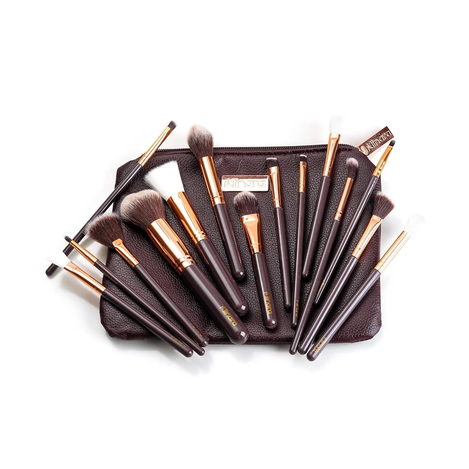 Professional Makeup Brush Applicator Set of 15pcs with Premium Leather Pouch (Brown Colour)