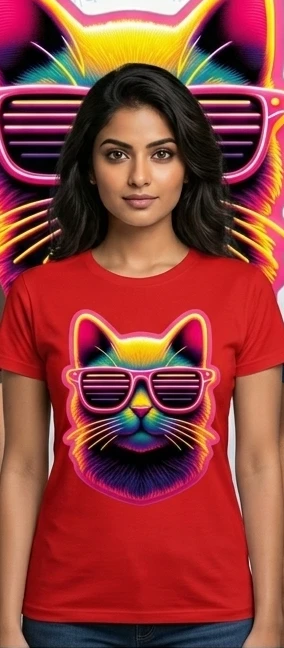Neon Cool Cat Sunglasses Graphic Printed T-Shirt – Navy Blue / Unisex