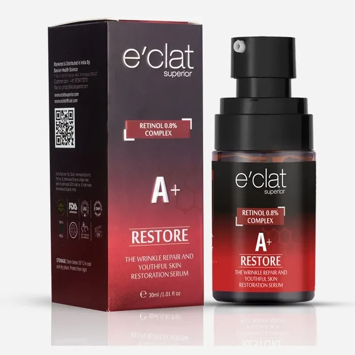 e'clat Superior Anti-aging Retinol A+ 0.8% Serum with Vitamin E, Ferulic Acid & Hyaluronic Acid For Deep Wrinkles, And Fine Lines - 30ml