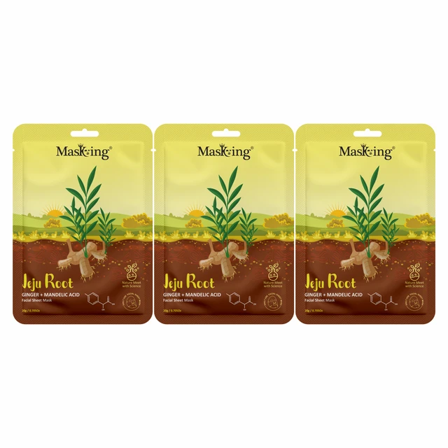 MasKing Jeju Root Facial Sheet Mask Ginger + Mandelic, Face Serum Mask, 20Ml each, Combo Pack Of 3