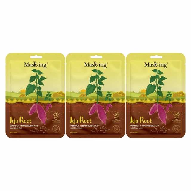 MasKing Jeju Root Facial Sheet Mask Yamroot + Hyaluronic , Face Serum Mask, 20Ml each, Combo Pack Of 3