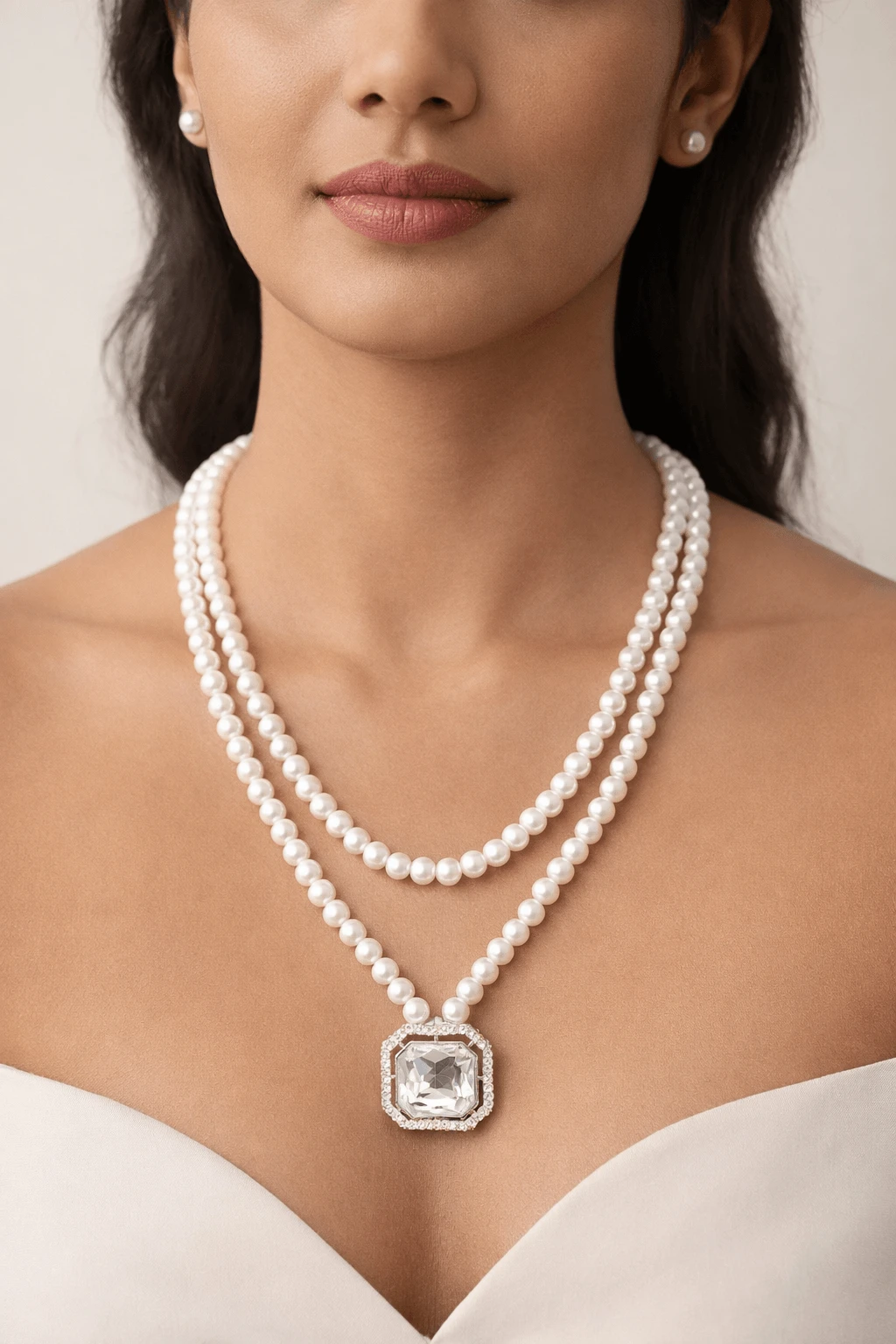 Beautiful White Pearl 2-Layer Necklace with Big Stone Pendant for Party Wear