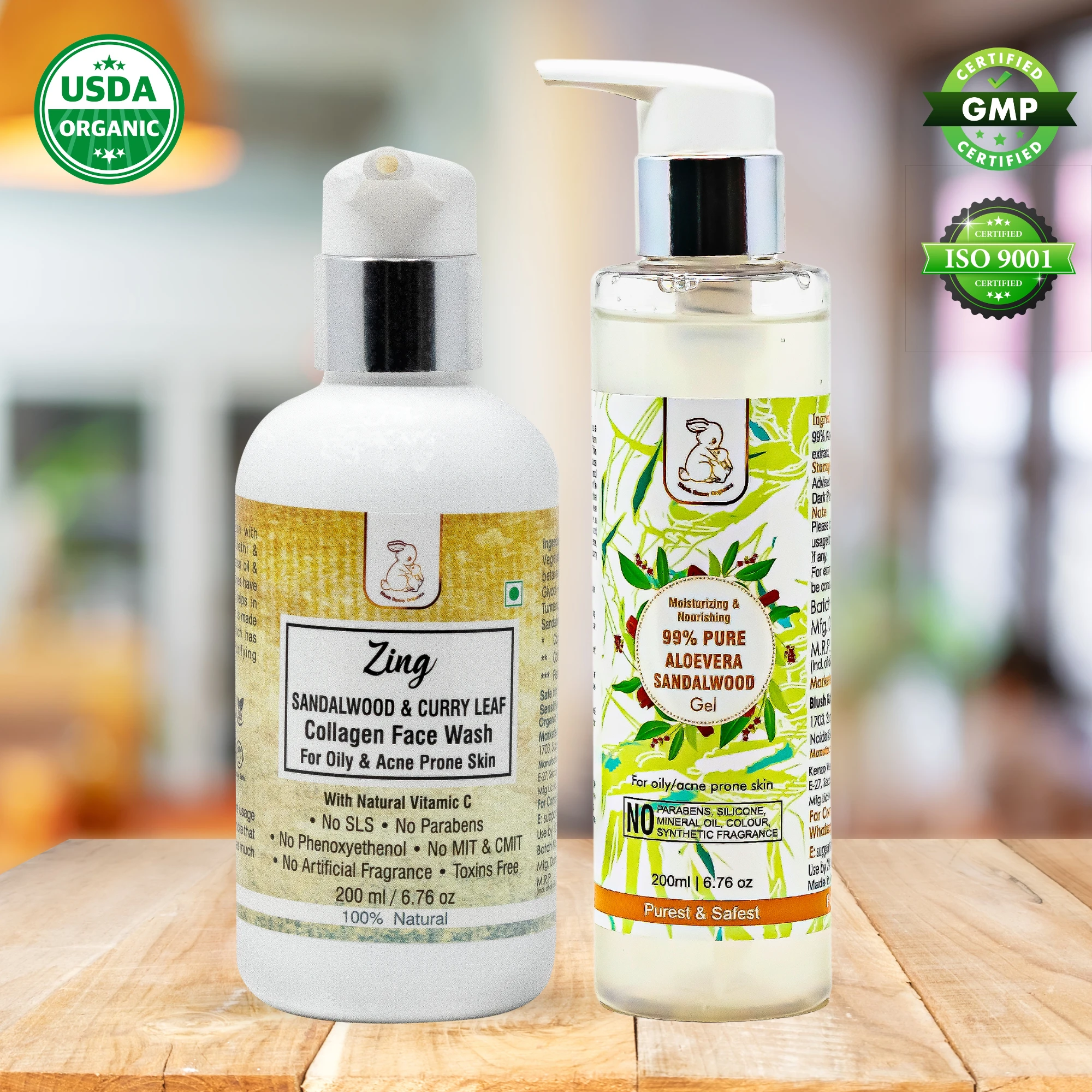 Combo Pack – Blush Bunny Organics Zing Collagen Face Wash & Nourishing Aloevera Sandalwood Gel for Oily & Acne Prone Skin (2 Items in the set)