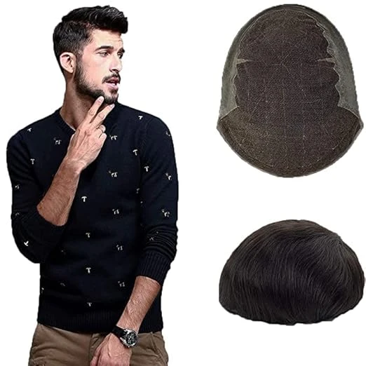 MAHAGANPATI CREATIONS Toupee for Men with 100% European human hair 7X5 inch Hairpiece for Men 0.06mm Ultra Thin Skin Hairsystem All V-looped Mens Toupee Jet Black