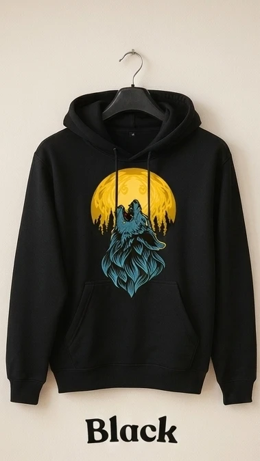 Moonlit Wolf Graphic Black Hoodie