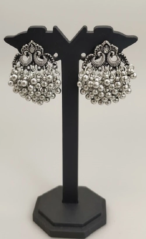 Lucky Peacock Oxidised Silver Earrings - Festive Traditional