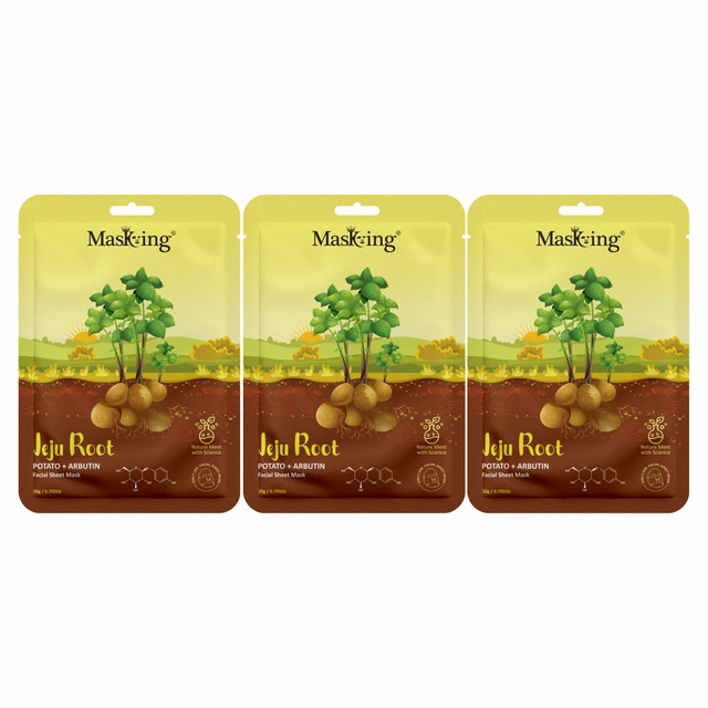 MasKing Jeju Root Facial Sheet Mask Potato + Arbutin, Face Serum Mask, 20Ml each, Combo Pack Of 3