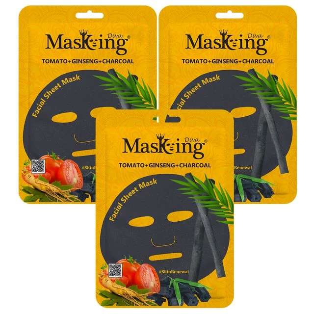 MasKing Diva Tomato, Ginseng & Charcoal Facial Sheet Mask Pack Of 3