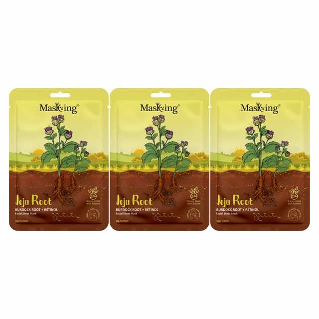 MasKing Jeju Root Facial Sheet Mask Burdock Root + Retinol, Face Serum Mask, 20Ml each, Combo Pack Of 3