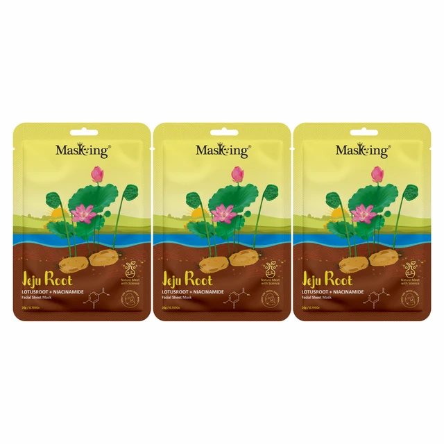 MasKing Jeju Root Facial Sheet Mask Lotus Root + Niacinamide,Face Serum Mask,20Ml each, Combo Pack Of 3