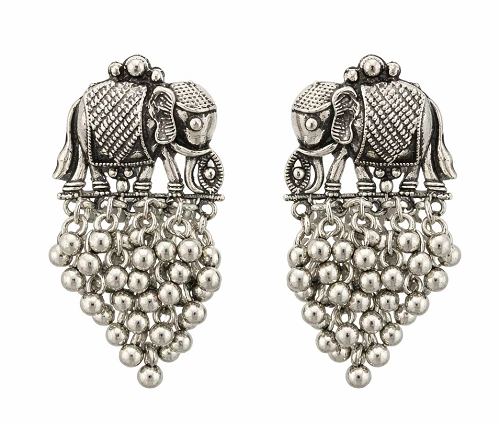 Lucky Elephant Oxidised Silver Earrings - Festive Traditional