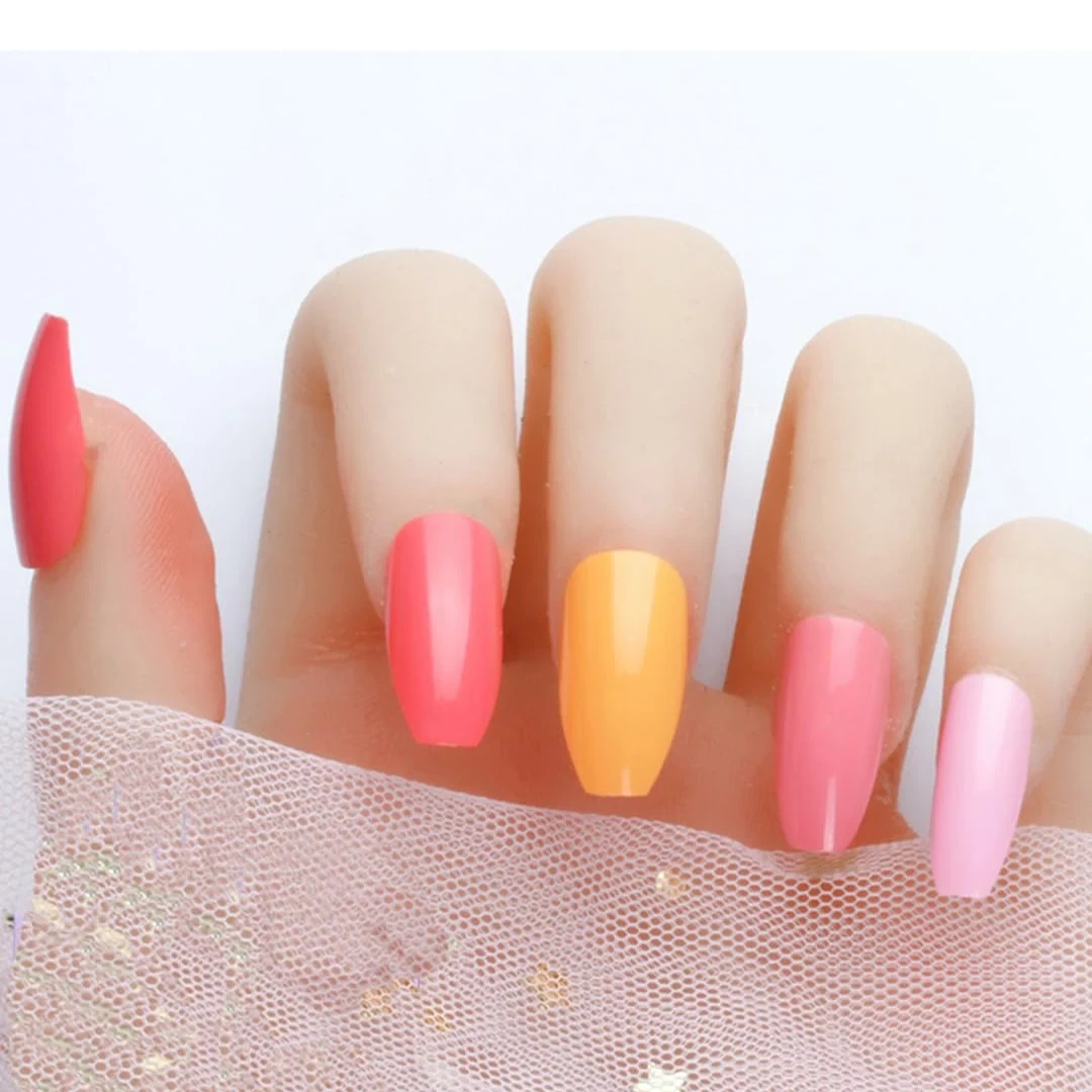 Secret Lives glossy false fake acrylic press on nails artifical false extension pink and mango 24 pieces set with glue sheet stickers
