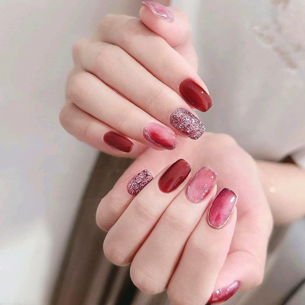 Secret Lives fake false acrylic press on nails artifical designer extension glossy red and pink color with glitter design 24 pieces set with glue sheet stickers