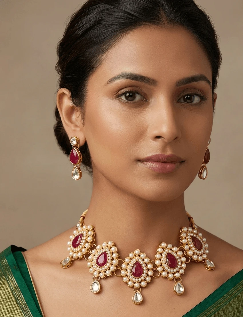 Gold Plated Red Stone Choker Necklace Set for Women - Wedding & Party Wear