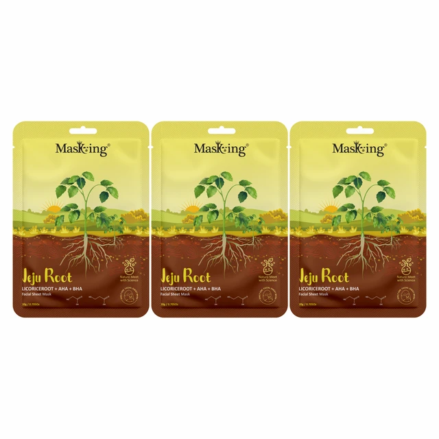 MasKing Jeju Root Facial Sheet Mask Lico rice root + AHA + BHA,Face Serum Mask,20Ml each, Combo Pack Of 3