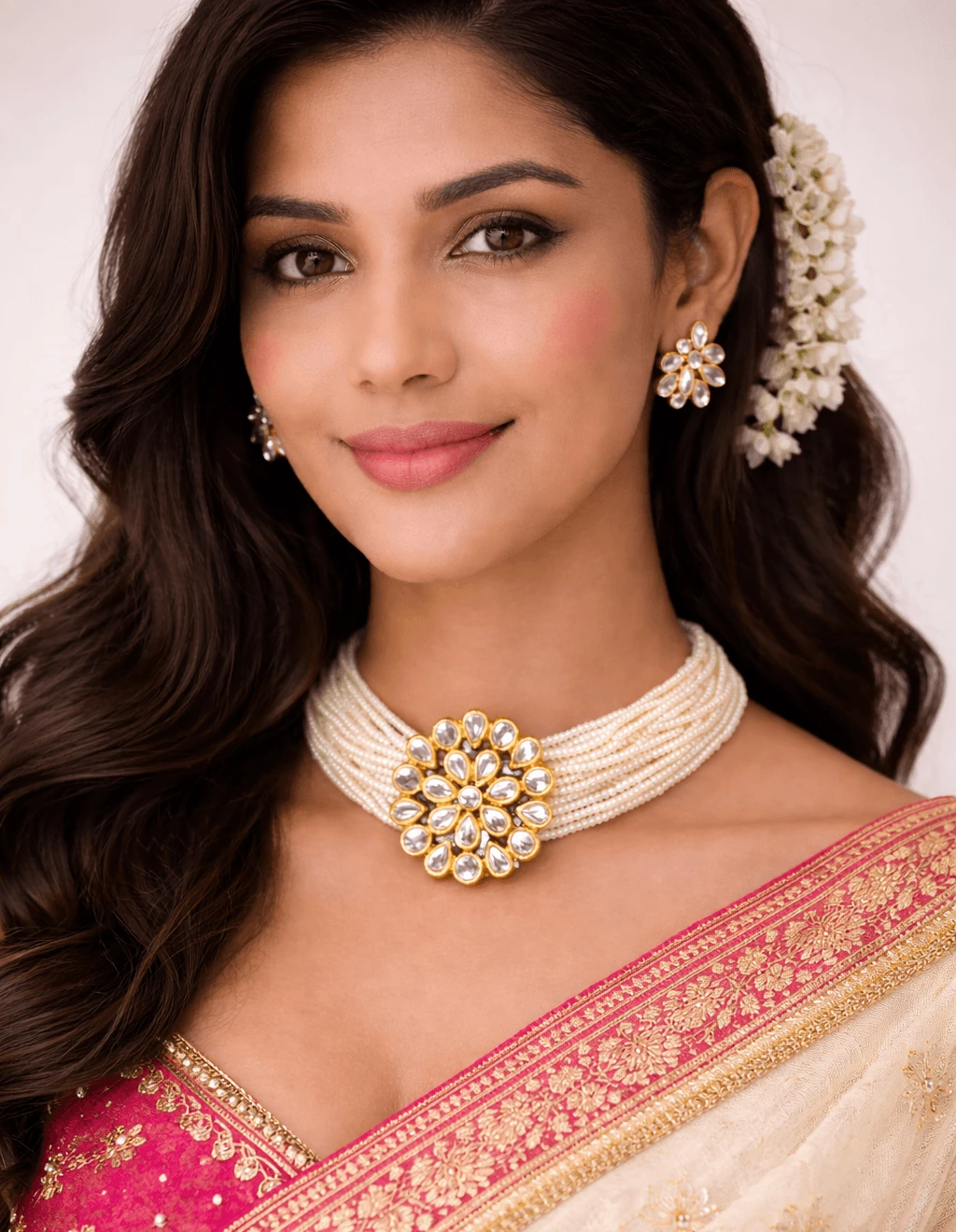 Traditional Multi-Strand Pearl Choker with Floral Kundan Pendant & Earrings