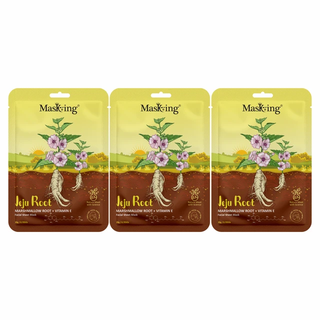 MasKing Jeju Root Facial Sheet Mask Marshmallow Root + Vitamin E,Face Serum Mask,20Ml, Combo Pack Of 3